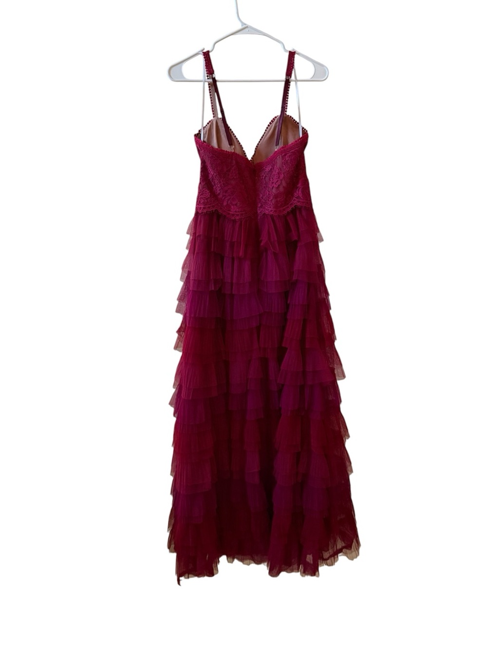 MARCHESA NOTTE Tulle Ruffled Evening Maxi Dress Berry Sz 4 - Picture 7 of 9